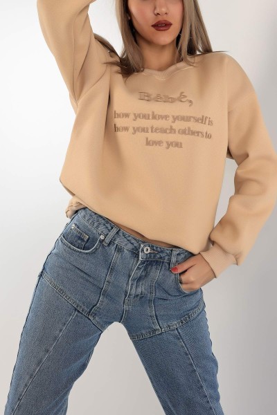 Bej Nakışlı İçi Şardonlu Bayan Sweat 139392