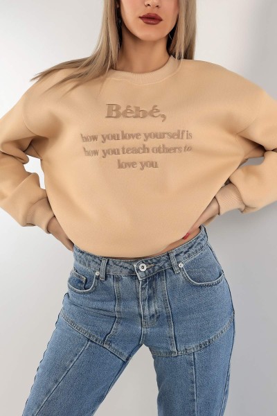 Bej Nakışlı İçi Şardonlu Bayan Sweat 139392