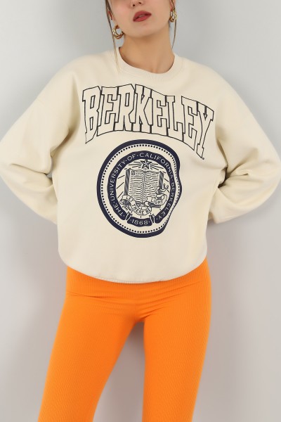 Bej Nakışlı İçi Şardonlu Bayan Sweat -T 143194