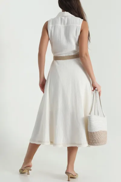 Bej Nakışlı Müslin Keten Boydan Düğmeli Kadın Elbise 478745