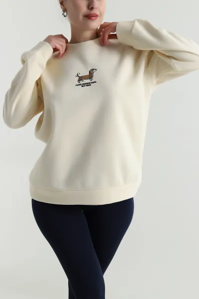 Bej Nakışlı Şardonlu Kadın Fermuarsız Sweat 498272
