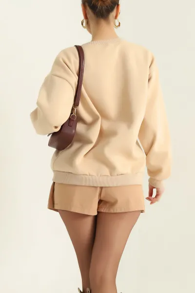 Bej Nakışlı Şardonlu Üç İp Bayan Sweat 329633