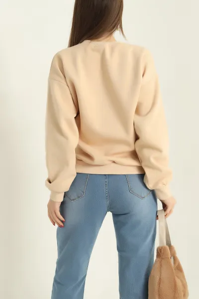 Bej Nakışlı Şardonlu Üç İp Bayan Sweat 329642