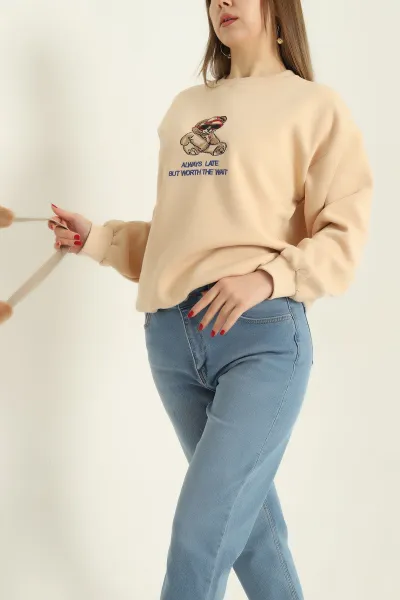 Bej Nakışlı Şardonlu Üç İp Bayan Sweat 329642