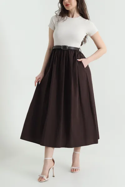 Bej Ottoman Garnili Poplin Kadın Elbise 448300