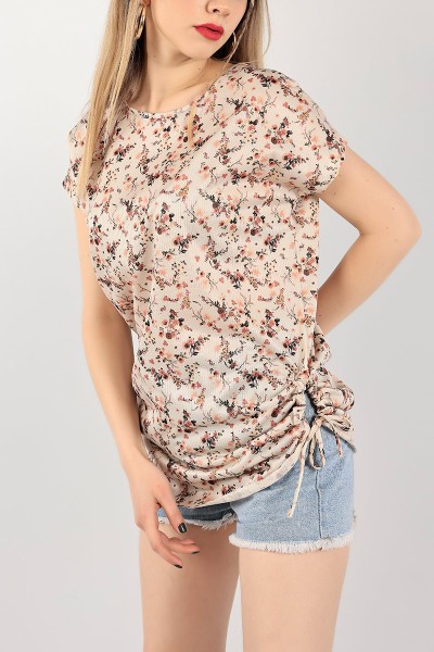 Bej Oval Kesim Yanı Büzgülü Bluz 105519