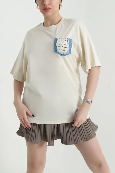 Bej Oversize Bisiklet Yaka Süprem Kadın Tişört 452515