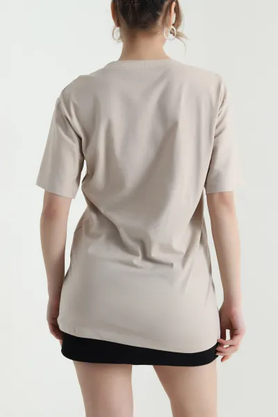 Bej Oversize Bisiklet Yaka Taşlı Süprem Kadın Tişört 447098