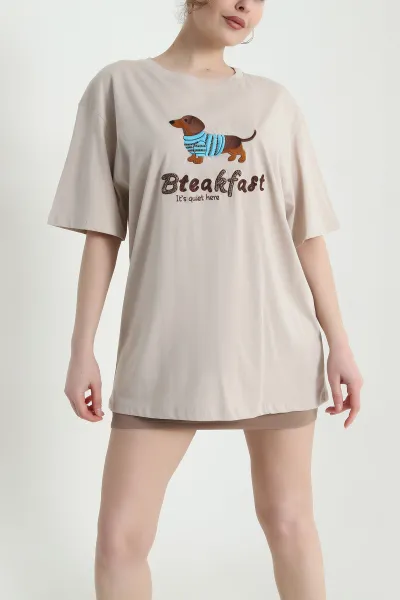 Bej Oversize Bisiklet Yaka Taşlı Süprem Kadın Tişört 447108