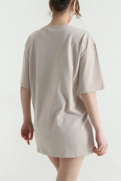 Bej Oversize Bisiklet Yaka Taşlı Süprem Kadın Tişört 447108