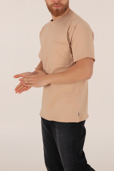 Bej Oversize Cep Detay Erkek Tişört 169691