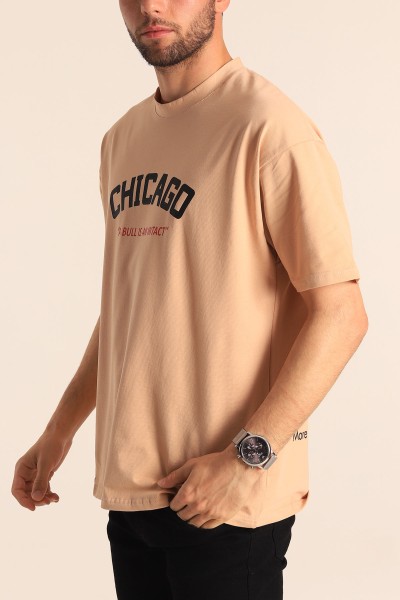 Bej Oversize Chicago Baskılı Erkek Tişört 181404