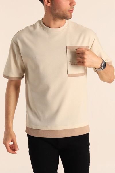 Bej Oversize Çift Renk Cepli Erkek Tişört 181828