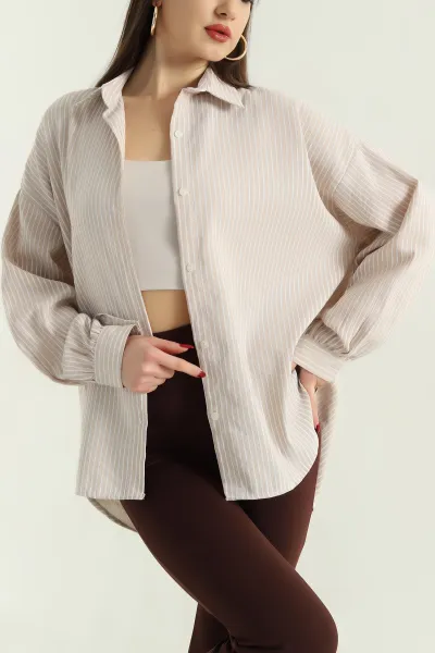 Bej Oversize Çizgili Bayan Müslin Gömlek 336860