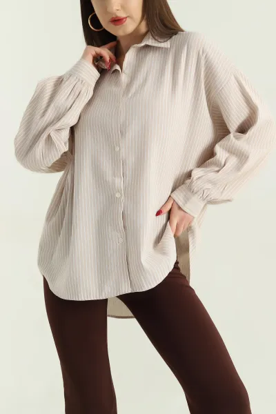 Bej Oversize Çizgili Bayan Müslin Gömlek 336860