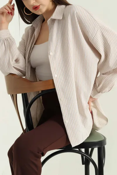 bej-oversize-cizgili-bayan-muslin-gomlek-336860