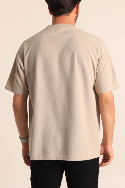 Bej Oversize Dokulu Bisiklet Yaka Erkek Tişört 181431