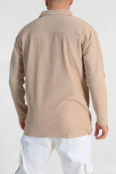 Bej Oversize Fitilli Doku Fermuarlı Polo Yaka Sweatshirt 324396