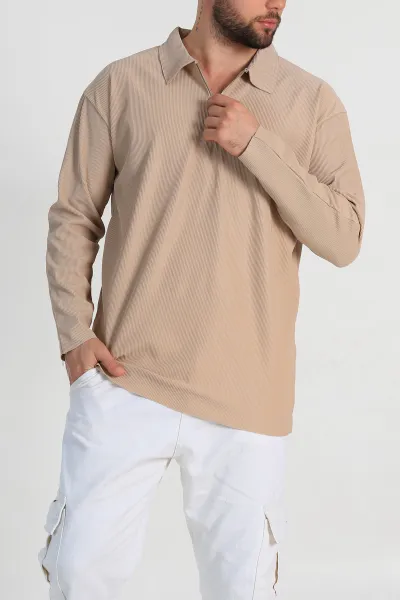 Bej Oversize Fitilli Doku Fermuarlı Polo Yaka Sweatshirt 324396