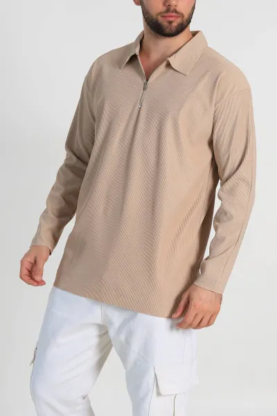Bej Oversize Fitilli Doku Fermuarlı Polo Yaka Sweatshirt 324396