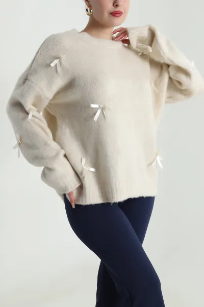 Bej Oversize Fiyonklu Kadın Triko Kazak 491001