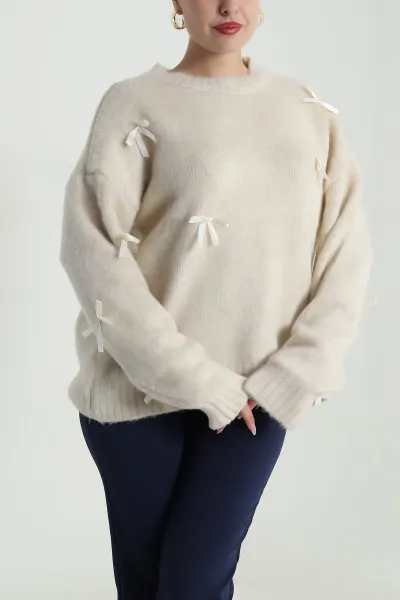 Bej Oversize Fiyonklu Kadın Triko Kazak 491001