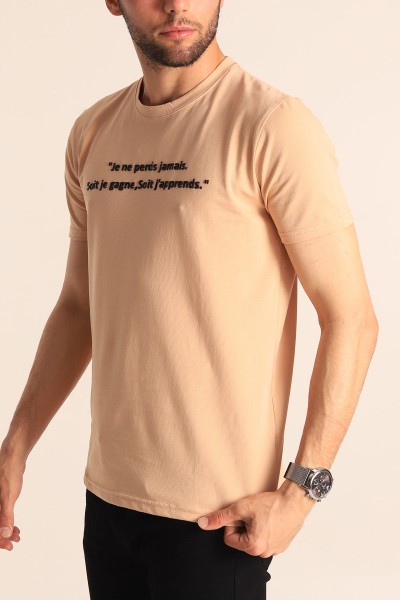 Bej Oversize Göğüs Kabartma Yazılı Erkek Tişört 181421