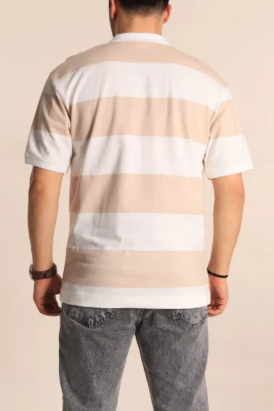 Bej Oversize İki İp Geniş Çizgili Polo Yaka Erkek Tişört 257562
