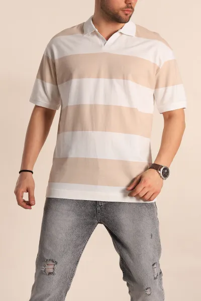 Bej Oversize İki İp Geniş Çizgili Polo Yaka Erkek Tişört 257562