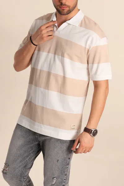 Bej Oversize İki İp Geniş Çizgili Polo Yaka Erkek Tişört 257562