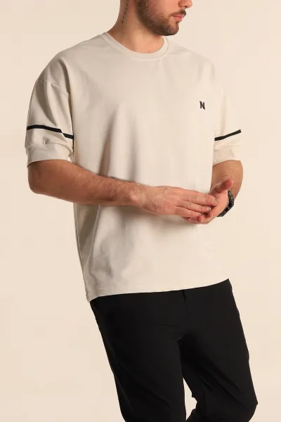Bej Oversize İki İp Kol Lastikli Erkek Tişört 247972