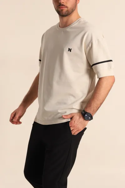 Bej Oversize İki İp Kol Lastikli Erkek Tişört 247972