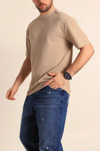 Bej Oversize Jakarlı Basic Erkek Tişört 249456