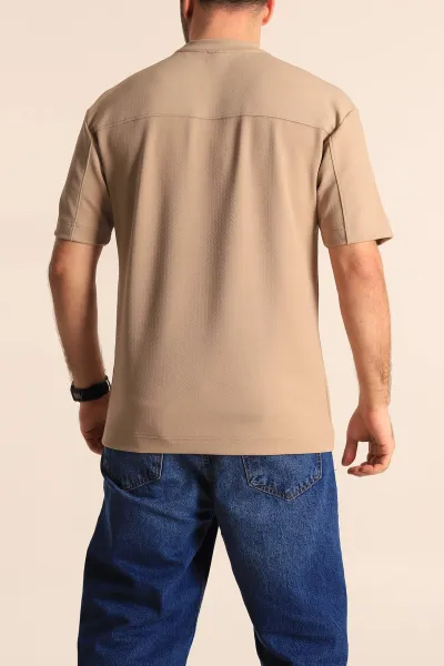 Bej Oversize Jakarlı Basic Erkek Tişört 249456