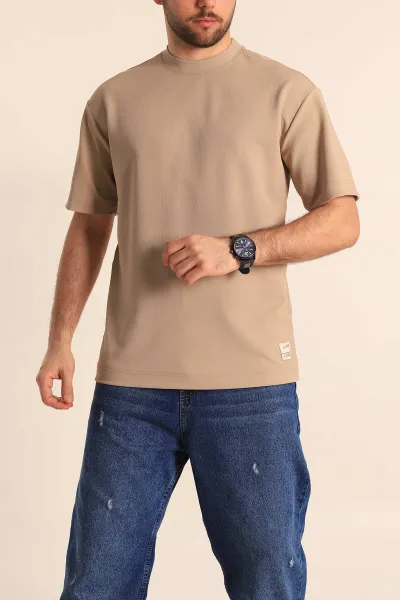 Bej Oversize Jakarlı Basic Erkek Tişört 249456