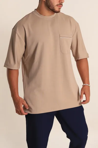 Bej Oversize Jakarlı Cep Detaylı Erkek Tişört 285763