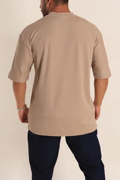 Bej Oversize Jakarlı Cep Detaylı Erkek Tişört 285763