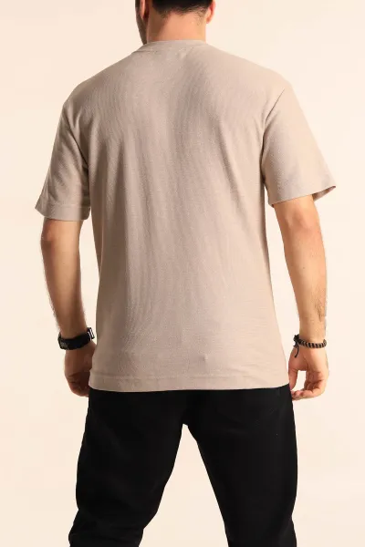 Bej Oversize Jakarlı Dikiş Detaylı Erkek Tişört 253349