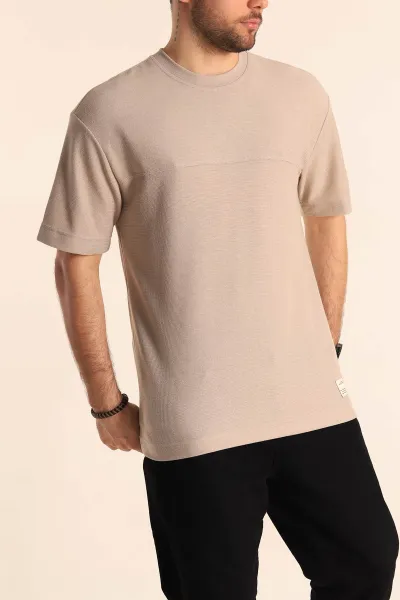 Bej Oversize Jakarlı Dikiş Detaylı Erkek Tişört 253349