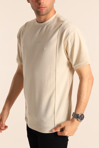 Bej Oversize Kabartma Yazılı Dikişli Erkek Tişört 181819