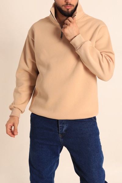 Bej Oversize Kabartma Yazılı Üç İp Yarım Fermuar Sweatshirt 219055