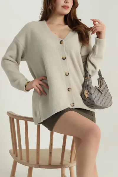 Bej Oversize Kadın Triko Hırka 405451