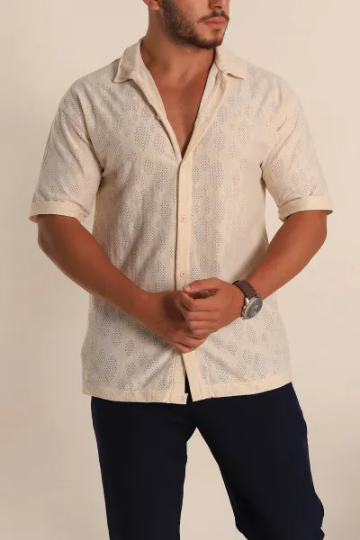 Bej Oversize Keten Delikli Kısa Kollu Erkek Gömlek 267081