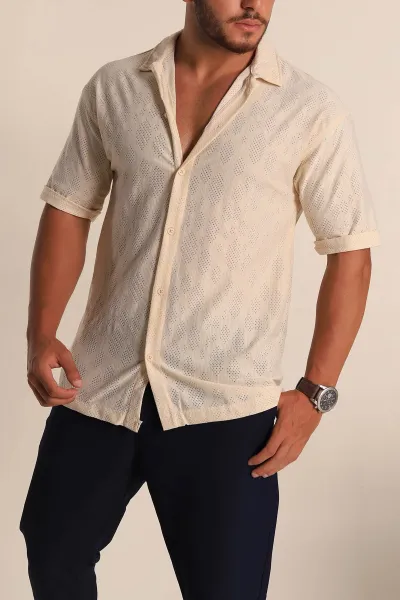 Bej Oversize Keten Delikli Kısa Kollu Erkek Gömlek 267081