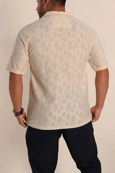 Bej Oversize Keten Delikli Kısa Kollu Erkek Gömlek 267081