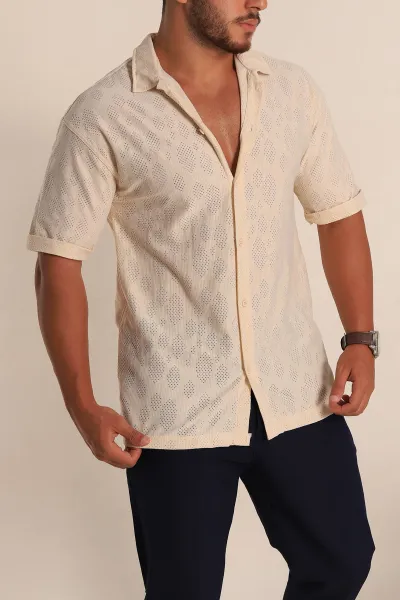 Bej Oversize Keten Delikli Kısa Kollu Erkek Gömlek 267081