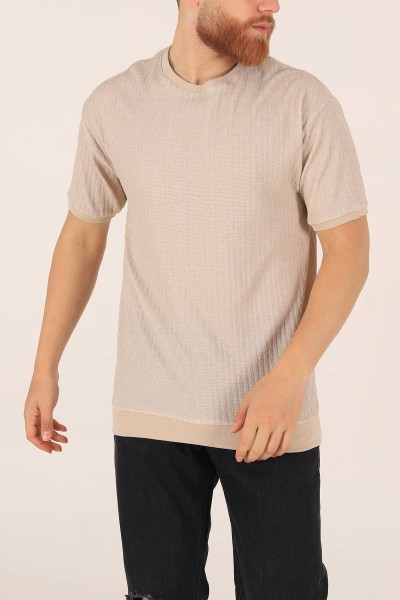 Bej Oversize Kolları Lastikli Erkek Tişört 174384