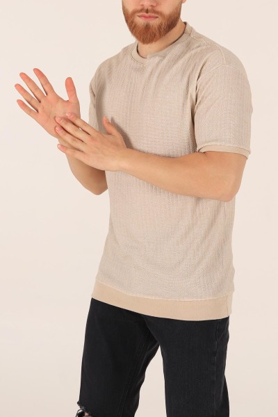 Bej Oversize Kolları Lastikli Erkek Tişört 174384