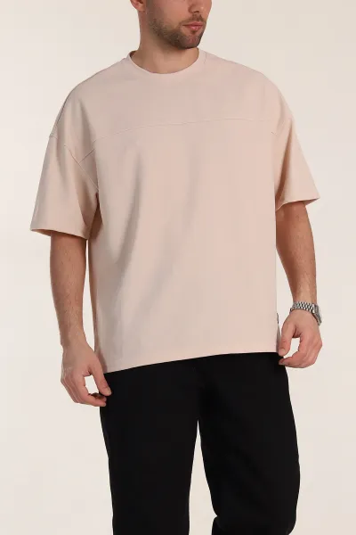 Bej Oversize Parçalı Basic Erkek Tişört 351988