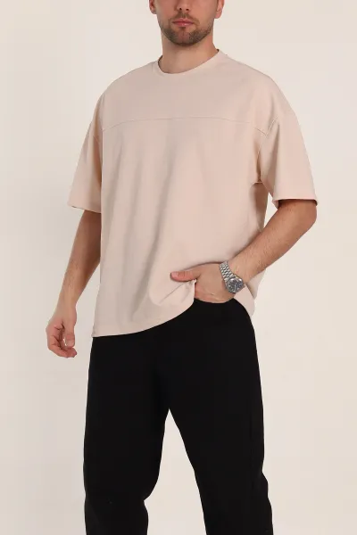 Bej Oversize Parçalı Basic Erkek Tişört 351988